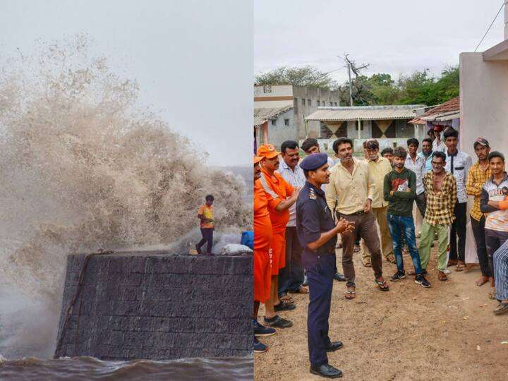 High tides crash at the sea front at Colaba in Mumbai. NDRF personnel brief citizens ahead of cyclone Biparjoy's landfall at Mandvi in Kutch. (Photo: PTI)
