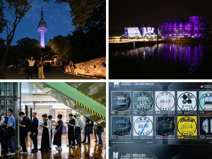 Famous landmarks in South Korea's capital Seoul were lit purple to mark the 10-year anniversary of megastar k-pop band BTS