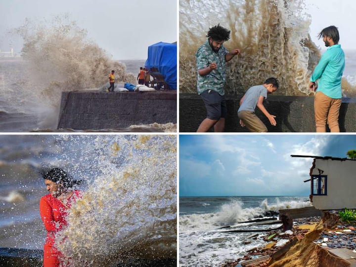 People were seen enjoying some light moments as high tides were witnessed across different places ahead of Cyclone Biparjoy’s landfall in Gujarat. Here are some images: