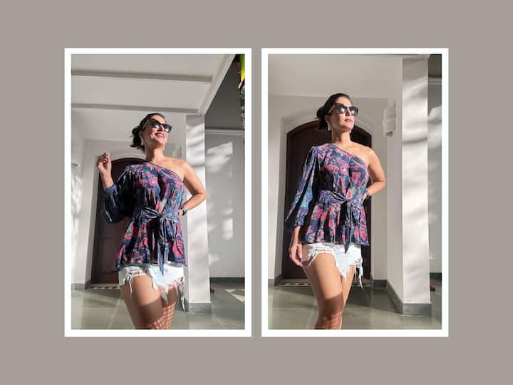 After spending a day in Goa, Hina Khan shared pictures on Instagram wearing a one-shoulder top and distressed denim shorts.