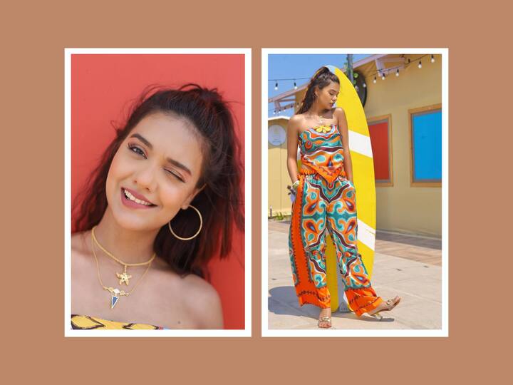 Divya Agarwal shared pictures on her Instagram handle in a multicoloured outfit which she accessorized with chic jewellery.