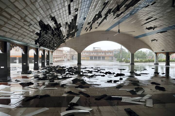 Damaged hall in Swaminarayan Temple following the landfall of Cyclone Biparjoy, in Kachchh district, Friday, June 16, 2023. Cyclone Biparjoy, a very severe cyclonic storm, made landfall near Jakhau Port in Gujarat on Thursday evening with a wind speed of 115-125 kmph gusting to 140 kmph as heavy rains lashed the coastal region. (PTI Photo)