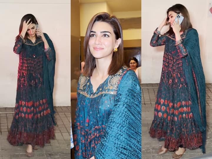 कृति सेनन इस दौरान रामा ग्रीन प्रिंटेड फ्रॉक स्टाइल सूट में दिखाई दीं. एक्ट्रेस इस ड्रेस के साथ मैचिंग दुपट्टा भी कैरी किए नजर आईं. कृति ने अपने लुक को गोल्डन ईयररिंग्स और ब्राउन मोजड़ी से पेयर किया.