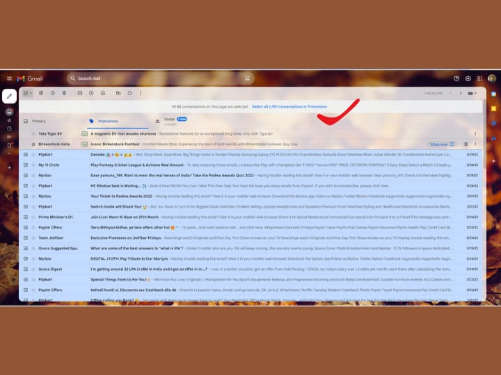 सभी मेल्स को डिलीट करने के लिए टॉप पर दिख रहें नीले रंग के लाइन पर क्लिक करें जिसमें ऐसा लिखा आएगा- Select All 2000 Mails. इसपर क्लिक करते ही सारी मेल्स सेल्क्ट हो जाएंगी और आप फिर इन्हें एकसाथ डिलीट कर सकते हैं.