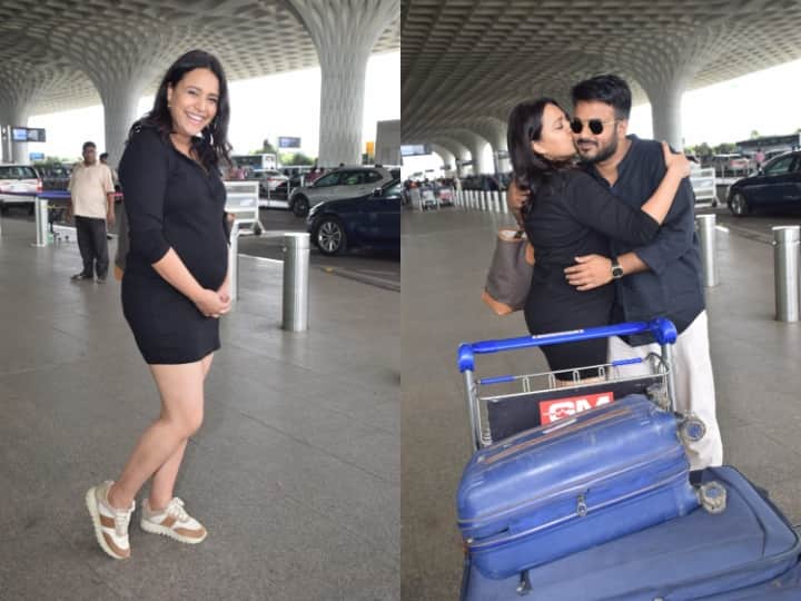 Swara Bhaskar Pregnancy: एक्ट्रेस स्वरा भास्कर शनिवार को अपने पति फहद अहमद के साथ मुंबई एयरपोर्ट पर स्पॉट हुईं. स्वरा ब्लैक मिनी ड्रेस में अपना बेबी बंप फ्लॉन्ट करती नजर आईं.
