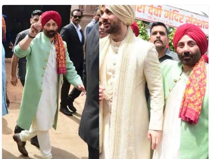 ਸੰਨੀ ਦਿਓਲ ਨੇ ਆਪਣੇ ਬੇਟੇ ਦੇ ਵਿਆਹ ਦੇ ਜਸ਼ਨ ਵਿੱਚ ਸਫੈਦ ਅਤੇ ਹਲਕੇ ਹਰੇ ਰੰਗ ਦੀ ਸ਼ੇਰਵਾਨੀ ਪਾਈ ਸੀ। ਇਸ 'ਤੇ ਲੱਗੇ ਗੋਲਡਨ ਬਟਨ ਬਹੁਤ ਖੂਬਸੂਰਤ ਲੱਗ ਰਹੇ ਸਨ।