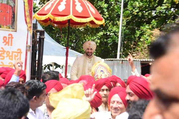 Groom Karan Deol mounted a horse as he left the wedding venue for going to bring his bride, Drisha Acharya.