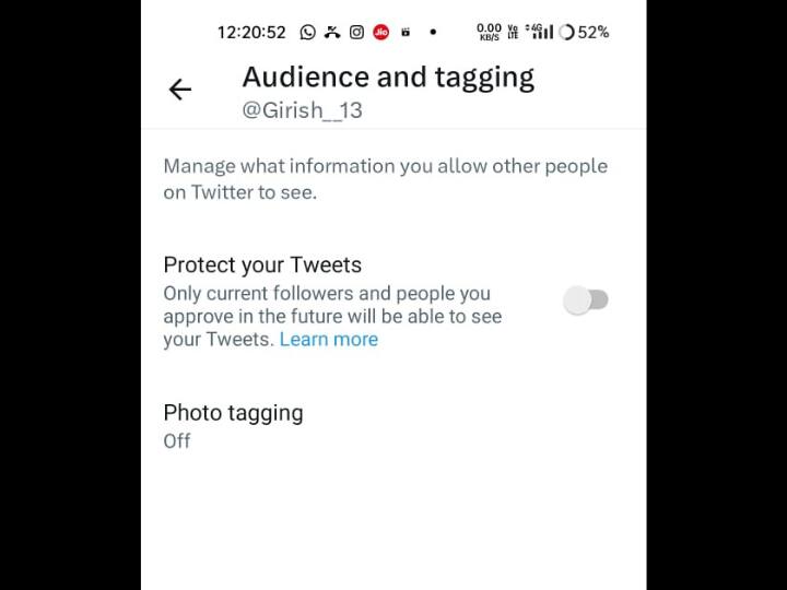 वैसे प्राइवेट ट्वीट्स का ऑप्शन डिफ़ॉल्ट रूप से ऑफ रहता है. इसे ऑन करने के लिए आपको प्रोफाइल सेक्शन में जाकर सेटिंग एंड प्राइवेसी में क्लिक करना होगा. इसके बाद प्राइवेसी एंड सेफ्टी में आकर ऑडिएंस और टैगिंग में क्लिक करें. यहां आपको प्रोटेक्ट योर ट्वीट का ऑप्शन दिखाई देगा. इसे ऑन कर लें.