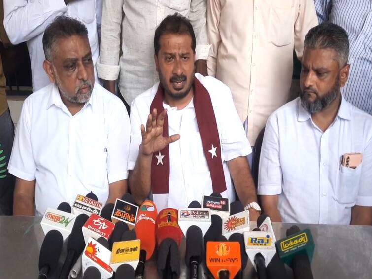 mjk Party General Secretary Tamimun Ansari met the media in Mayiladuthurai TNN திராவிட அரசியலுக்கும், தமிழ் தேசிய அரசியலுக்கும் எதிராக இருப்பவர்கள் தமிழ் மண்ணில் காலூன்ற முடியாது -  தமிமுன் அன்சாரி