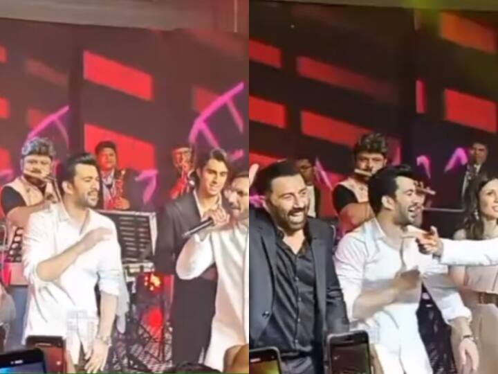 sunny deol ranveer singh bobby deol dances on sonu nigam song at karan deol reception करण देओल के रिसेप्शन में सनी देओल, रणवीर सिंह ने स्टेज पर मचाया 'गदर', सोनू निगम ने बांधा समा, फंक्शन की Inside Videos