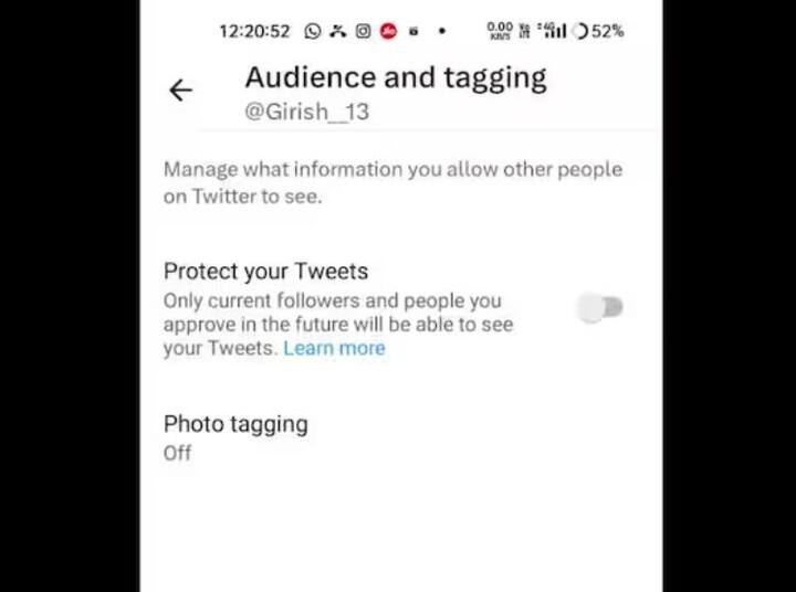 ਇਸ ਤੋਂ ਬਾਅਦ ਪ੍ਰਾਈਵੇਸੀ ਅਤੇ ਸੇਫਟੀ 'ਤੇ ਆ ਕੇ ਔਡੀਅੰਸ ਅਤੇ ਟੈਗਿੰਗ 'ਤੇ ਕਲਿੱਕ ਕਰੋ। ਇੱਥੇ ਤੁਹਾਨੂੰ ਪ੍ਰੋਟੈਕਟ ਯੂਅਰ ਟਵੀਟ ਦਾ ਵਿਕਲਪ ਦਿਖਾਈ ਦੇਵੇਗਾ। ਇਸਨੂੰ ਚਾਲੂ ਕਰੋ।