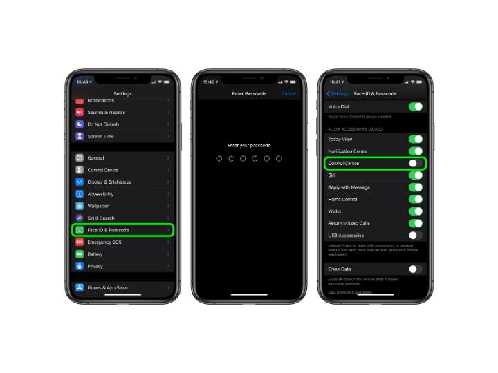 iPhone की सेट्टिंग में जाकर फेस आईडी और पासकोड पर क्लिक करें और यहां कंट्रोल सेंटर और एक्सेसरीज को टर्न ऑफ कर दें ताकि लॉक स्क्रीन पर कंट्रोल सेंटर न दिखे और कोई भी व्यक्ति फोन नेटवर्क और दूसे सेटिंग को न छेड़ पाएं. एक्सेसरीज को ऑफ करने से कोई भी इसमें डेटा केबल के जरिए कुछ भी इनस्टॉल नहीं कर पाएगा.