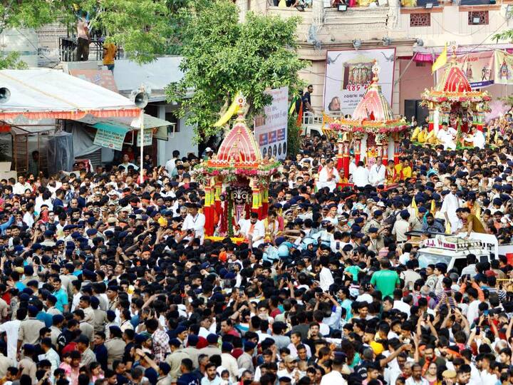 A large number of devotees were seen pulling the chariots of Lord Jagannath, his brother Balbhadra and sister Subhadra during the 146th annual Rath Yatra (chariot procession) in Ahmedabad. (Source: PTI)