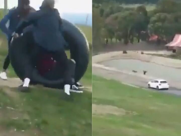 Youths Pushed Friend Sitting On Tyre In Front Of Moving Car Video Viral युवकों ने अपने दोस्त को टायर पर बैठाकर दिया धक्का, गोल-गोल घूमकर चलती कार के सामने आया शख्स- Video