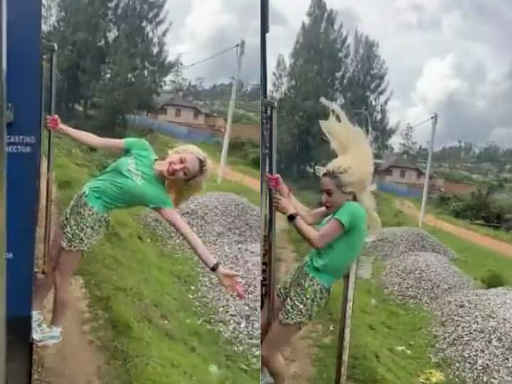 Woman Started Swinging In moving Train Hits Death Viral Video चलती ट्रेन में गेट से बाहर निकलकर झूलने लगी महिला, भुगतना पड़ा बुरा अंजाम- VIDEO