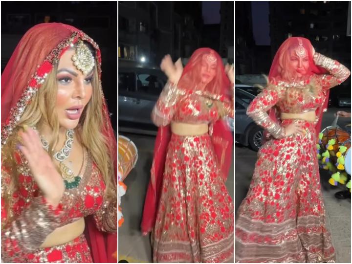 Rakhi Sawant Celebrated Her Divorce From Adil Durrani Danced On Drum  Wearing A Red Outfit | आदिल से तलाक पर Rakhi Sawant ने मनाया जश्न, लाल  सुर्ख जोड़ा पहन ढोल की थाप