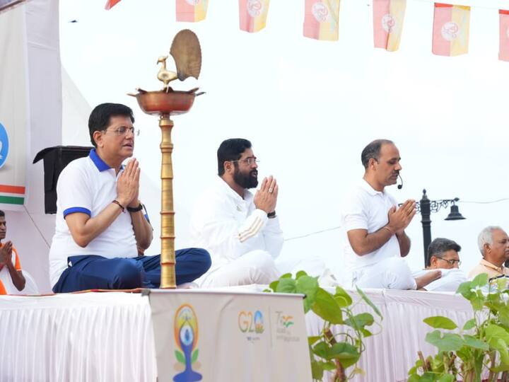 Union Minister Piyush Goyal and Maharashtra Chief Minister Eknath Shinde meditate while celebrating the International Day of Yoga, at Gateway of India in Mumbai.