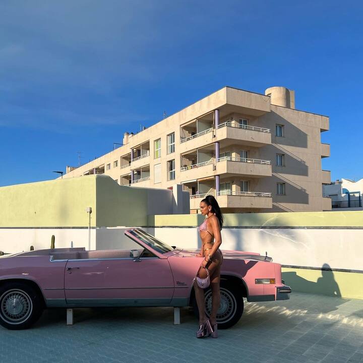 Dua Lipa's photoshoot was done next to a baby pink vintage car, the colour matched her outfit