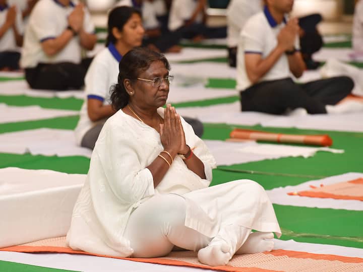 President Droupadi Murmu meditates during a Yoga programme at Rashtrapati Bhavan on the occasion of 9th International Yoga Day on Wednesday, June 21, 2023.