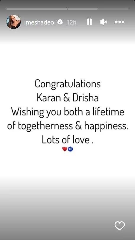 Karan-Drishaના લગ્નમાં હેમા માલિનીના પરિવારે ન આપી હાજરી, હવે ફઈ ઇશાએ કપલને પાઠવ્યા અભિનંદન
