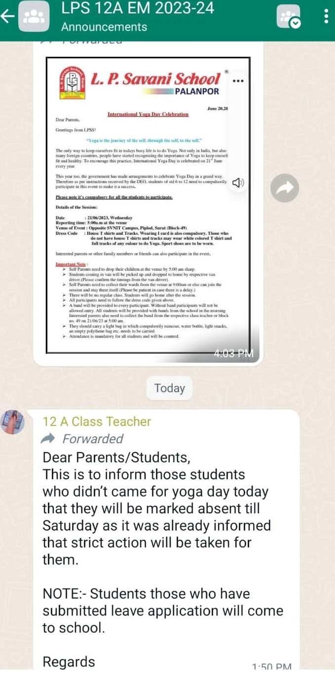 Surat: સુરતની એલ.પી.સવાણી સ્કૂલની દાદાગીરી, યોગ કાર્યક્રમમાં હાજર ન રહેનારા વિદ્યાર્થીઓને આપી ધમકી