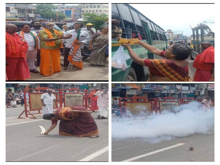 tasmac BJP celebrates closing of Tasmac store by bursting firecrackers Tasmac Close : காஞ்சிபுரத்தில் டாஸ்மாக் கடை மூடியதற்கு பாஜகவினர் பட்டாசு வெடித்து கொண்டாட்டம்..