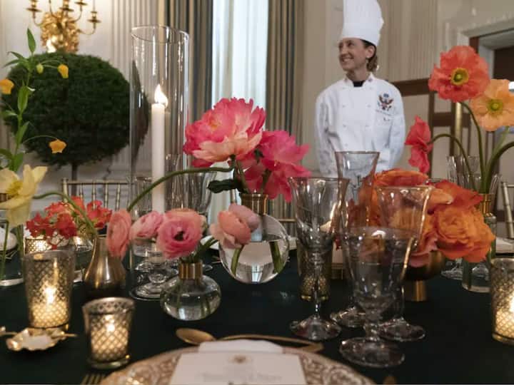 Around 400 guests are invited to Thursday's fancy state dinner at the White House with the pavillion draped in greens while orange flowers adorning the tables. (Image Source: Twitter/@jankibaat1)