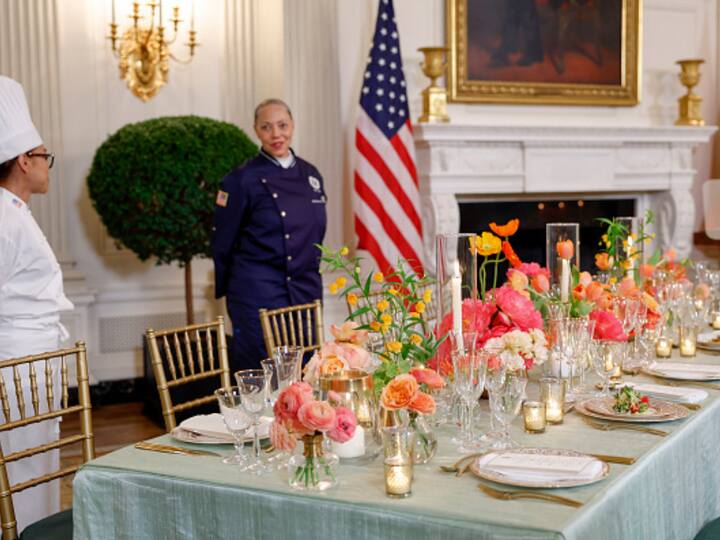 Place settings are displayed at a media preview of the state dinner during a media preview in the State Dining Room of the White House on June 21, 2023 in Washington, DC. Because the Prime Minister is vegetarian, U.S. first lady Jill Biden hired guest Chef Nina Curtis, who specializes in plant-based foods.
