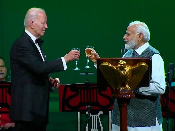 Prime Minister Narendra Modi offers a toast during the State Dinner with President Joe Biden at the White House in Washington.