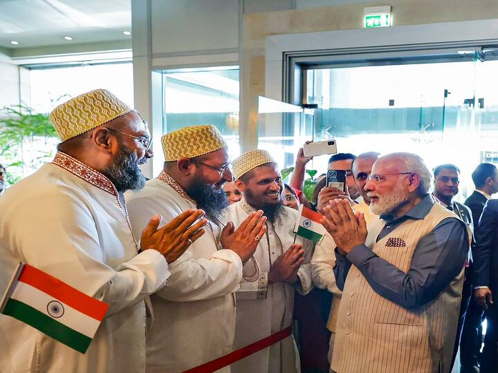 Members of the Indian community greeted the Prime Minister with chants of 'Modi, Modi' and 'Vande Mataram' as he arrived at the hotel in Cairo, waving the Indian tricolour. (Image Source: PTI)