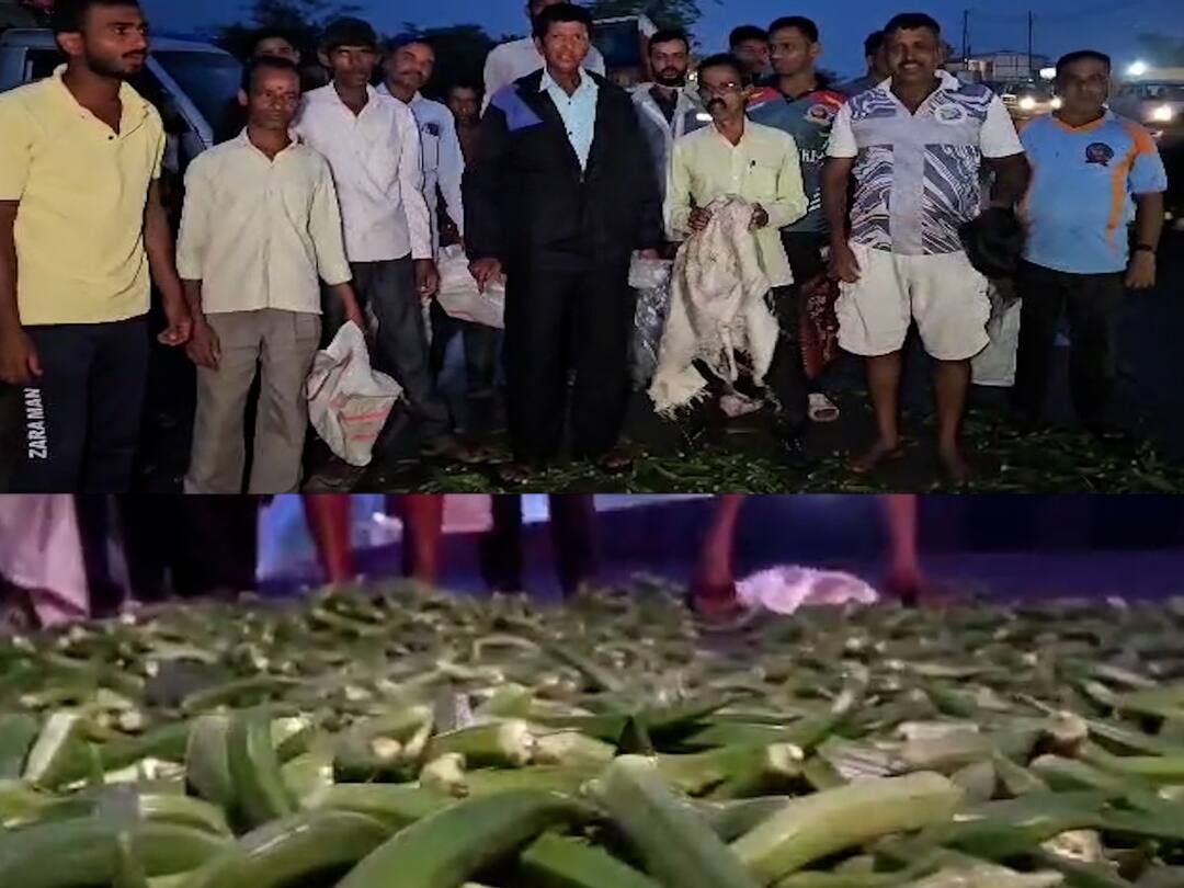 thane Bhiwandi latest news Okra bhendi throw on road farmer protest Bhiwandi : योग्य दर न मिळाल्याने भेंडी रस्त्यावर फेकून आंदोलन; व्यापाऱ्यांकडून शेतकऱ्यांची लूट 