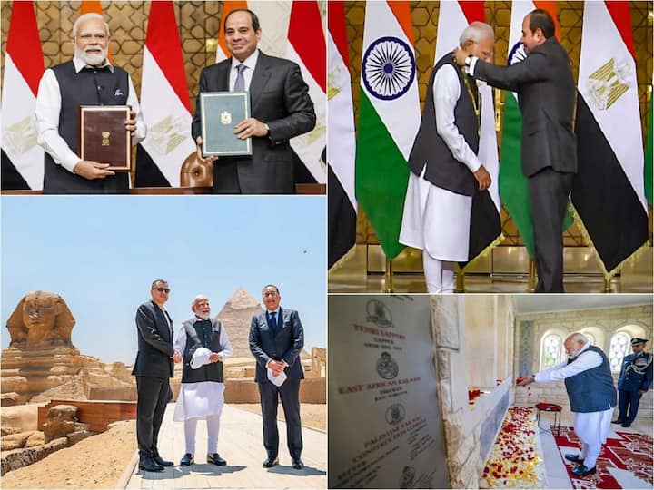 PM Modi returned to India on Sunday after his first visit to Egypt, where he met with President Abdel Fattah El-Sisi and was awarded the Order of the Nile. Check out pictures from his visit.