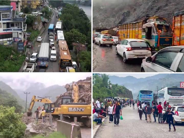 Several tourists were trapped in hours-long traffic due to landslides after heavy rains in Himachal Pradesh and Jammu and Kashmir. Here are some of the latest images: