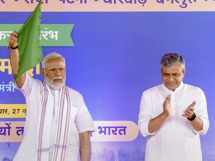 A closeup of the Prime Minister as he flaged off all five Vande Bharat Express trains. Two of the Vande Bharat trains will be for Madhya Pradesh, where Assembly polls are due by the year-end. The other three are in Maharashtra, Karnataka and Bihar. (Image Source: PTI)