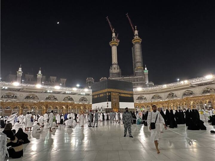 Circumabulation around the black-cube like structue called Kaaba, inside the Grand Mosque, which is the final stop in the pilgrimage. Image Source: Getty Images