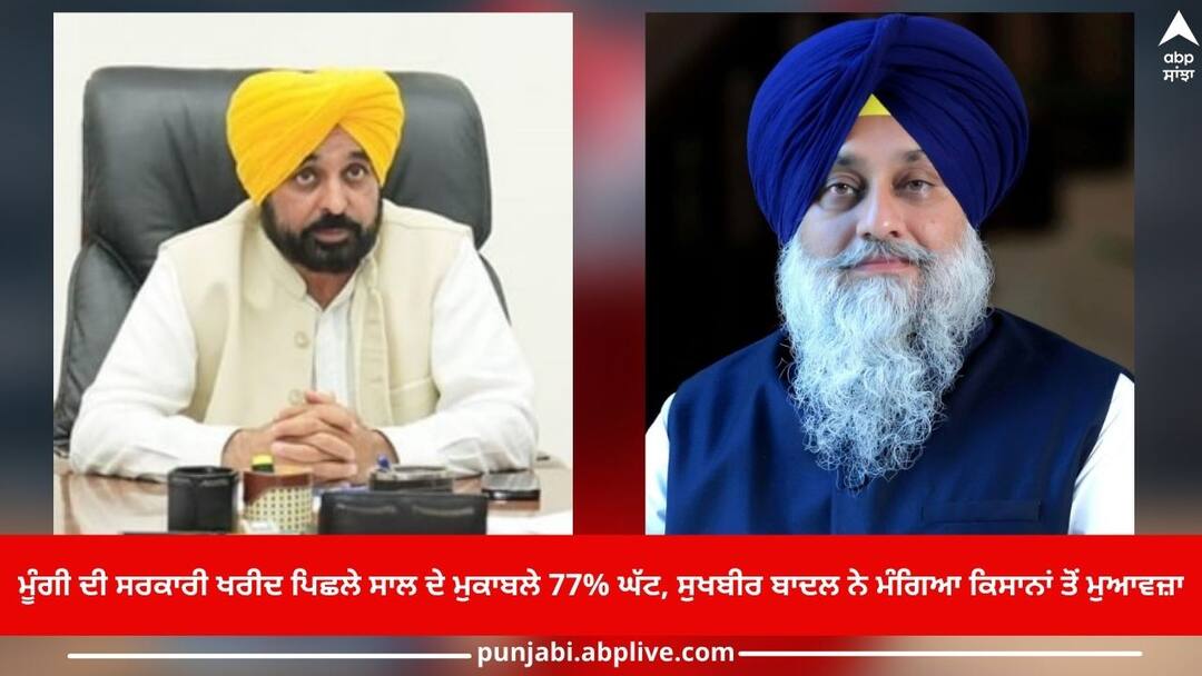 ਮੂੰਗੀ ਦੀ ਸਰਕਾਰੀ ਖਰੀਦ ਪਿਛਲੇ ਸਾਲ ਦੇ ਮੁਕਾਬਲੇ 77% ਘੱਟ, ਸੁਖਬੀਰ ਬਾਦਲ ਨੇ ਮੰਗਿਆ ਕਿਸਾਨਾਂ ਤੋਂ ਮੁਆਵਜ਼ਾ Govt procurement of groundnut 77% less than last year, Sukhbir Badal seeks compensation from farmers ਮੂੰਗੀ ਦੀ ਸਰਕਾਰੀ ਖਰੀਦ ਪਿਛਲੇ ਸਾਲ ਦੇ ਮੁਕਾਬਲੇ 77% ਘੱਟ, ਸੁਖਬੀਰ ਬਾਦਲ ਨੇ ਮੰਗਿਆ ਕਿਸਾਨਾਂ ਤੋਂ ਮੁਆਵਜ਼ਾ