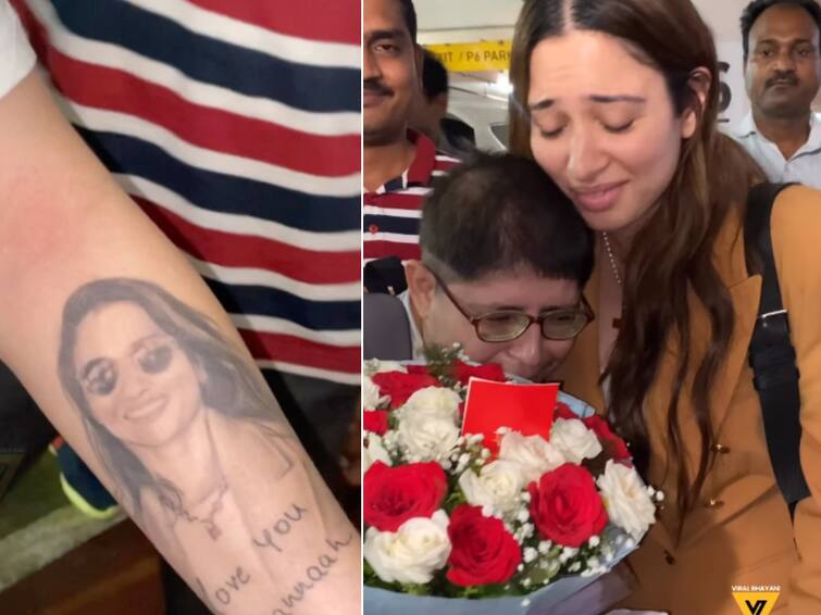 Actress Tamannaah Gets Emotional as Fan Has Tattoo of Her Face On Arm- Watch Video Tamannaah Bhatia: என்னப்பா நீங்க இப்டி பன்றீங்களே... தமன்னா முகத்தை கையில் பச்சைகுத்திய ரசிகர்... உருகிய தமன்னா