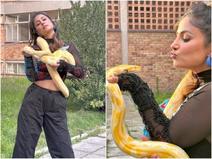 Khatron Ke Khiladi 13 Hina Khan  kissing a python around her neck see pics KKK 13: गले में अजगर डाल किस करती नजर आईं Hina Khan, 'खतरों के खिलाड़ी 13' में एक्ट्रेस की डेयरिंग एंट्री ने किया इम्प्रेस