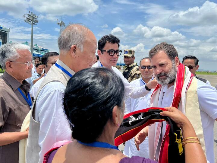 Congress leader Rahul Gandhi arrived in Imphal on Thursday for a two-day visit to violence-hit Manipur wherein he will meet people displaced by the ethnic strife in relief camps and hold talks with civil society organisations. (Image Source: PTI)
