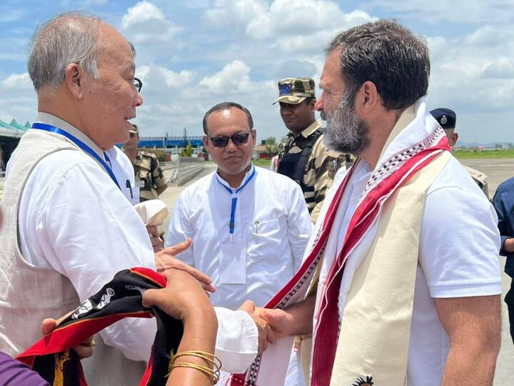 Congress leader Rahul Gandhi being welcomed at the Imphal Airport. Meanwhile, Manipur Pradesh Congress President Keisham Meghachandra Singh said that normalcy has not been restored in Manipur as 