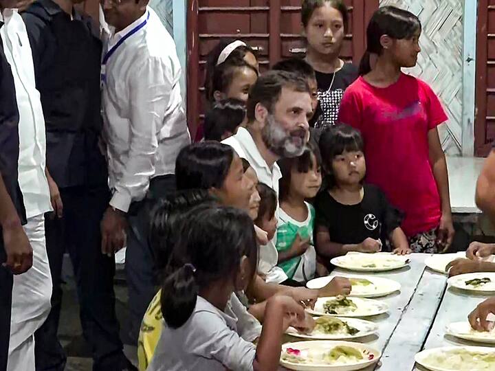 Rahul Gandhi also interacted with children displaced by the violence in Manipur. More than 100 people have lost their lives and and nearly 40,000 displaced since ethnic violence between Meitei and Kuki communities erupted in May. (Source: PTI)