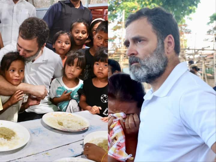 Rahul Gandhi met people displaced by the ethnic strife at Churachandpur in Manipur after reaching there in a helicopter, hours behind schedule as his convoy of vehicles was stopped by the police.