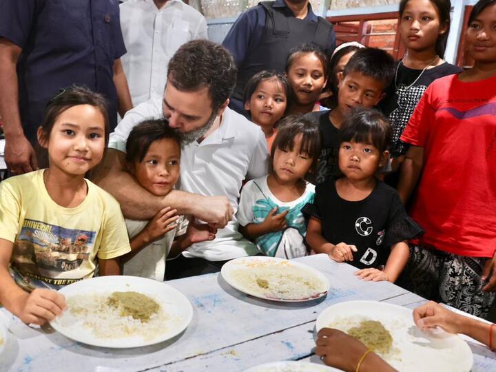 Rahul Gandhi spent time with children, who have been displaced by the violence in Manipur, and had a meal with them. (Image Source: Congress)