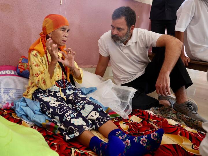 Rahul Gandhi meets people displaced by the violence in Manipur, at a relief camp in Churachandpur. (Image Source: Congress)