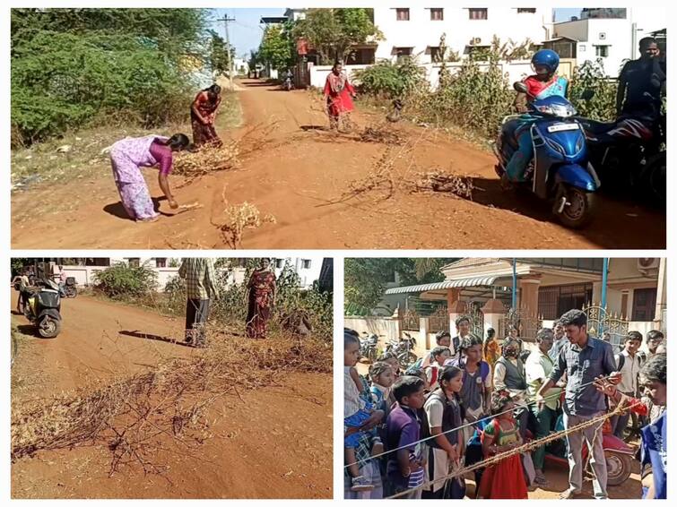 Mayiladuthurai the people put up thorns and fought for the repair of the road TNN மயிலாடுதுறையில் சாலையை சீரமைக்க கோரி  முட்களை போட்டு போராடிய மக்கள்