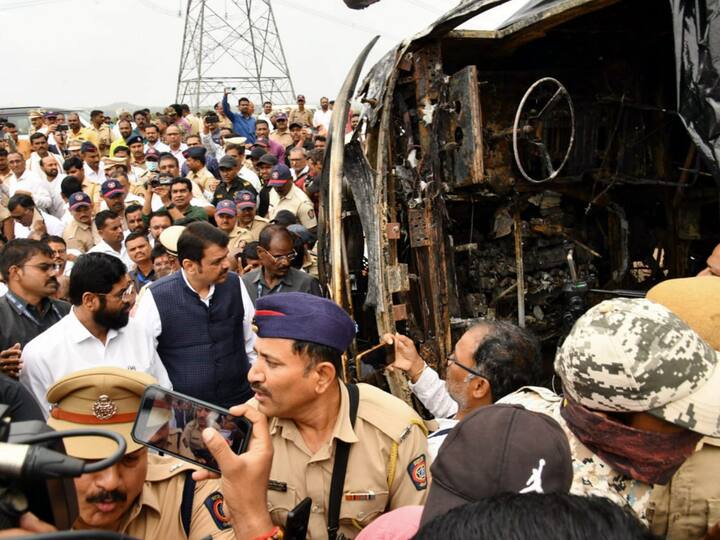 Maharashtra Chief Minister Eknath Shinde and Deputy Chief Minister Devendra Fadnavis interacted with the police personnel, district administration officials, and local residents who apprised them of the sequence of the tragedy.(Source: PTI)