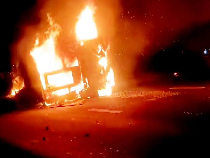 The passenger bus in flames after it overturned, on the Samruddhi Expressway, in Buldhana district, Saturday, July 1, 2023. (Source: PTI)