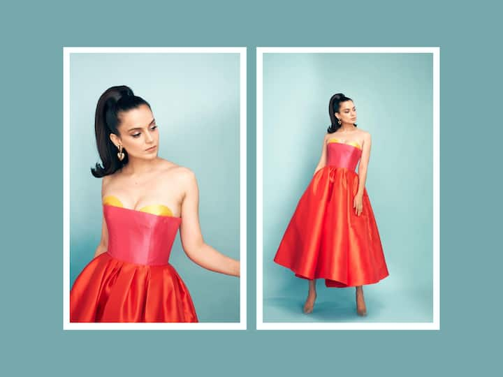 Kangana Ranaut shared pictures on Instagram in a bright pink and orange dress.