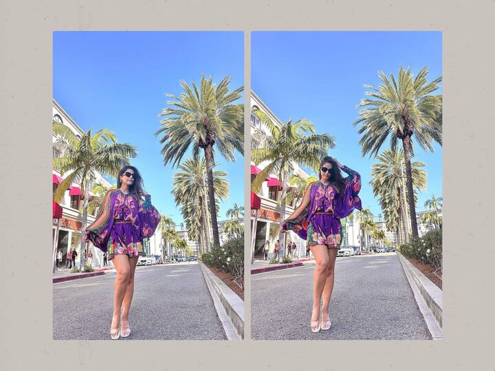Hina Khan shared pictures in a purple floral outfit fro her vacation diaries.