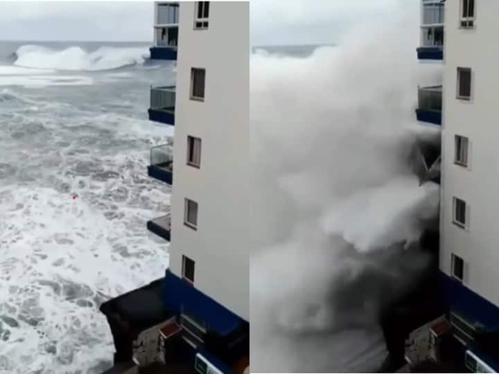 Sea waves ruined hotel building in spain creepy video viral प्रकृति से करोगे खिलवाड़...तो होगा बुरा हाल! समंदर की लहरों ने एक झटके में बिगाड़ डाला इमारत का हुलिया, सामने आया Video